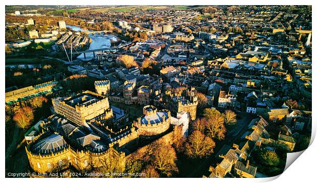 Aerial view of a historic city Lancaster at sunset with prominent castle and urban landscape. Print by Man And Life