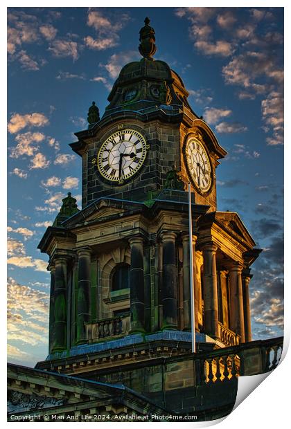 Historic clock tower against a dramatic sky at dusk, showcasing intricate architecture and timeless design in Lancaster. Print by Man And Life