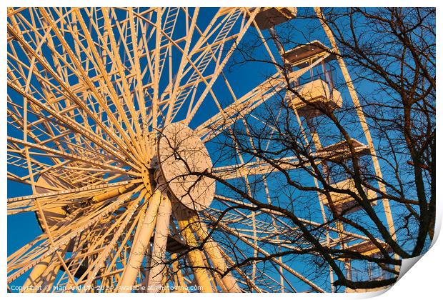 A ferris wheel against a clear blue sky at sunset, with trees in the foreground. Print by Man And Life