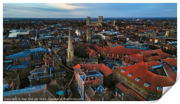 Aerial view of a historic city at dusk with prominent cathedral and urban landscape in York, North Yorkshire Print by Man And Life