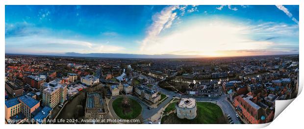 Panoramic aerial view of a city at sunset with dramatic sky and urban landscape in York, North Yorkshire Print by Man And Life