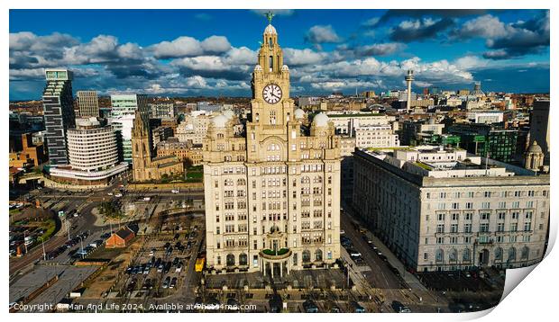 Aerial view of a historic clock tower and surrounding buildings under a cloudy sky in Liverpool, UK. Print by Man And Life