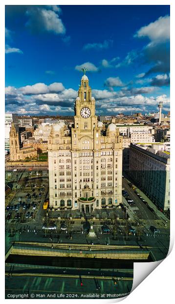 Aerial view of the historic Royal Liver Building in Liverpool, UK, with dramatic clouds in the sky. Print by Man And Life