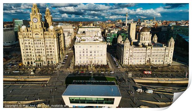Aerial view of Liverpool's historic waterfront buildings under a dramatic sky. Print by Man And Life