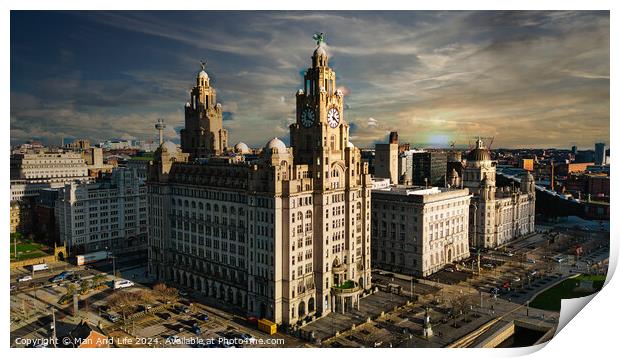 Dramatic skyline of Liverpool with iconic Liver Building at sunset, showcasing the city's architecture and urban landscape. Print by Man And Life