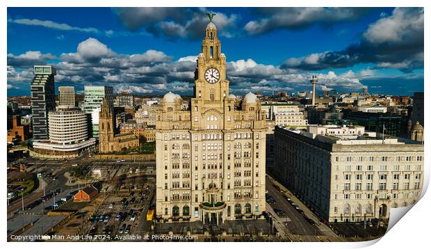 Aerial view of the iconic Royal Liver Building in Liverpool, UK, with dramatic clouds in the sky. Print by Man And Life