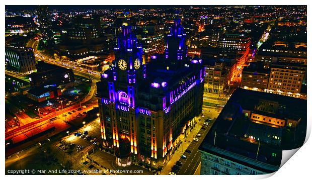 Illuminated historic building at night in urban skyline in Liverpool, UK. Print by Man And Life