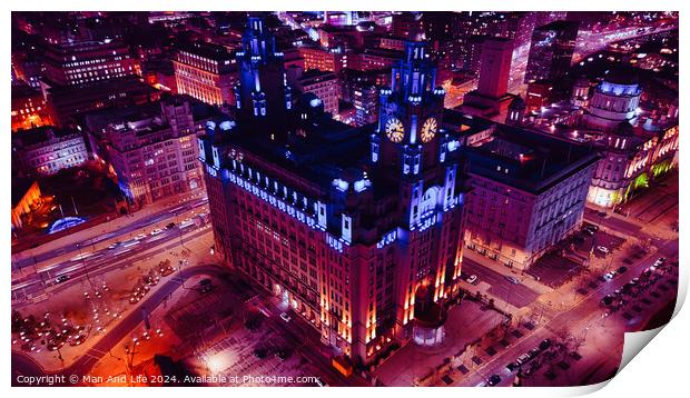 Aerial night view of an illuminated historic building in an urban setting with city lights in Liverpool, UK. Print by Man And Life