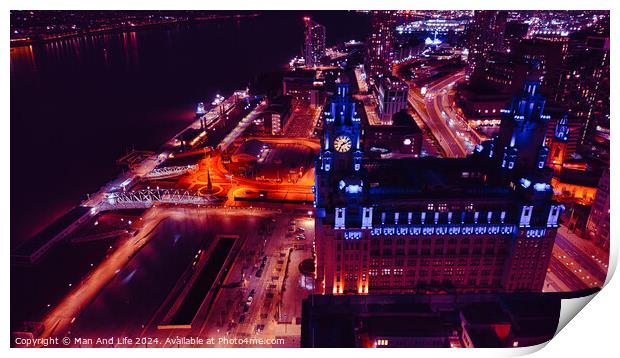 Aerial night view of a cityscape with illuminated streets and buildings in Liverpool, UK. Print by Man And Life