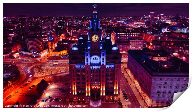 Aerial night view of an illuminated cityscape with a prominent clock tower and urban architecture in Liverpool, UK. Print by Man And Life