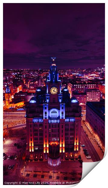 Aerial night view of an illuminated historic building in an urban landscape with vibrant purple skies in Liverpool, UK. Print by Man And Life