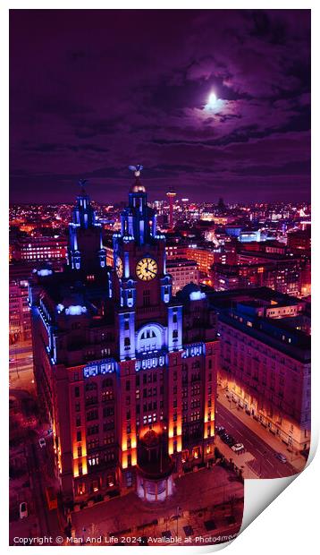 Moonlit cityscape with illuminated historic building at night, showcasing urban architecture against a dramatic sky in Liverpool, UK. Print by Man And Life