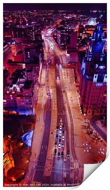 Aerial night view of a bustling city street with vibrant lights and traffic in Liverpool, UK. Print by Man And Life