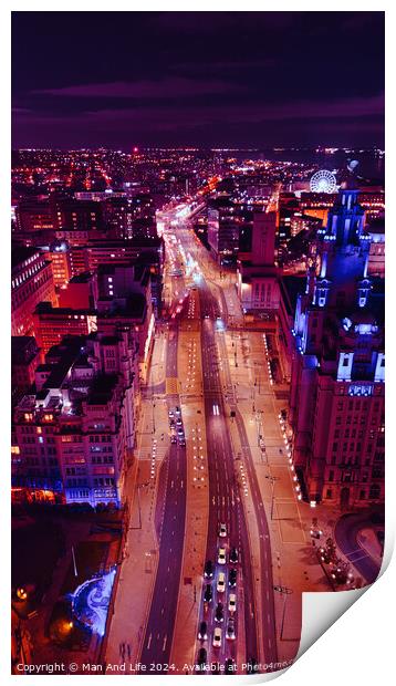 Vertical aerial view of a bustling city street at night with vibrant purple lighting and traffic trails in Liverpool, UK. Print by Man And Life