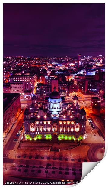 Aerial night view of a cityscape with illuminated buildings and vibrant urban lights in Liverpool, UK. Print by Man And Life