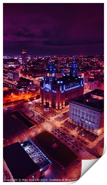 Aerial night view of a cityscape with illuminated buildings and streets, showcasing urban architecture and vibrant city life in Liverpool, UK. Print by Man And Life