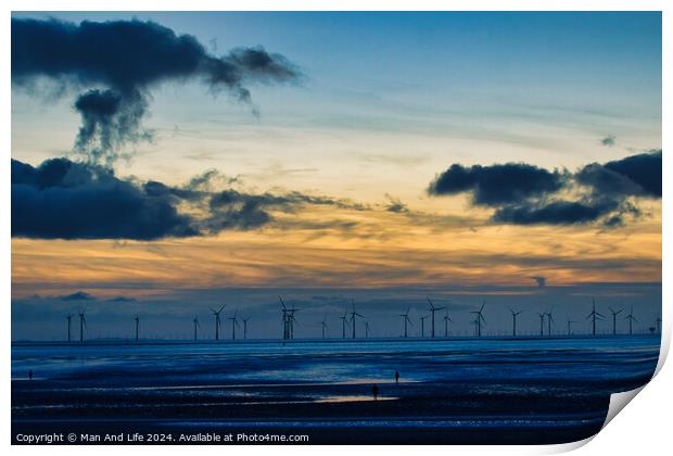 Serene sunset over a wind farm with silhouettes of turbines and dramatic clouds, reflecting on water in Crosby, England. Print by Man And Life
