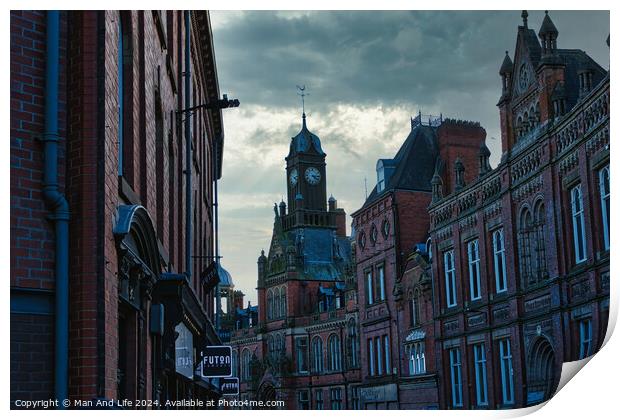 Historic European cityscape with clock tower at dusk, moody sky, and vintage architecture in York, UK. Print by Man And Life
