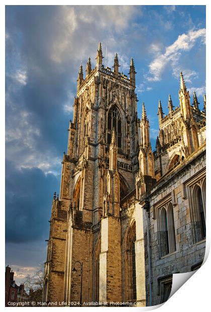 Gothic cathedral against a dramatic sky at sunset in York, UK. Print by Man And Life