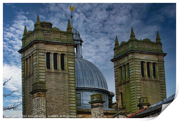 Dramatic sky over twin stone towers with a metallic dome, showcasing architectural details and moody ambiance in Harrogate, England. Print by Man And Life