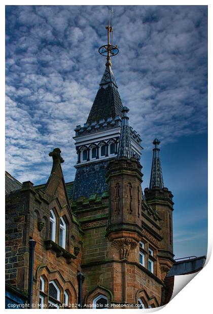 Gothic-style tower against a dramatic sky, architectural detail and historical building concept in Harrogate, England. Print by Man And Life