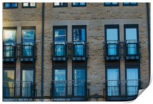 Modern apartment building facade with symmetrical windows and balconies, urban architecture background in Harrogate, England. Print by Man And Life