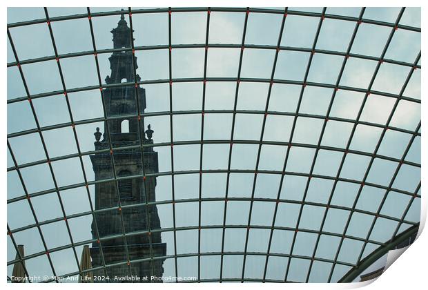 Historic tower viewed through a modern glass dome, contrasting architectural styles in Leeds, UK. Print by Man And Life