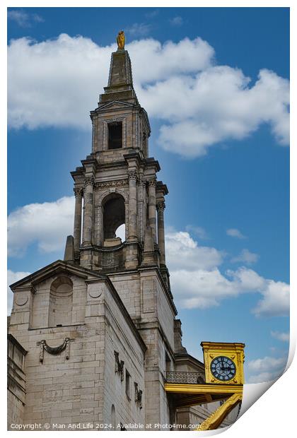 Historic church steeple with clock under a blue sky with clouds in Leeds, UK. Print by Man And Life