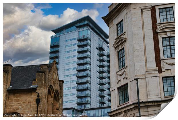 Modern glass skyscraper towering over historic buildings under a cloudy sky in Leeds, UK. Print by Man And Life