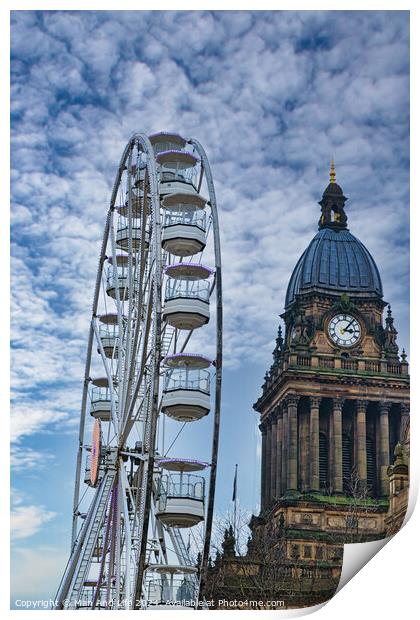 Ferris wheel beside a historic clock tower under a cloudy sky in Leeds, UK. Print by Man And Life