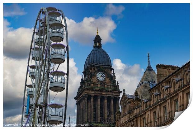 Ferris wheel beside a historic clock tower under a blue sky with clouds in Leeds, UK. Print by Man And Life