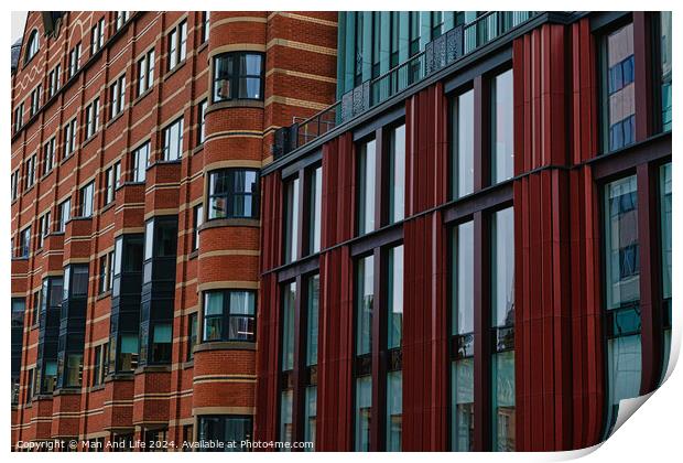 Modern building facade with a pattern of red and brown rectangular windows and panels, architectural background in Leeds, UK. Print by Man And Life