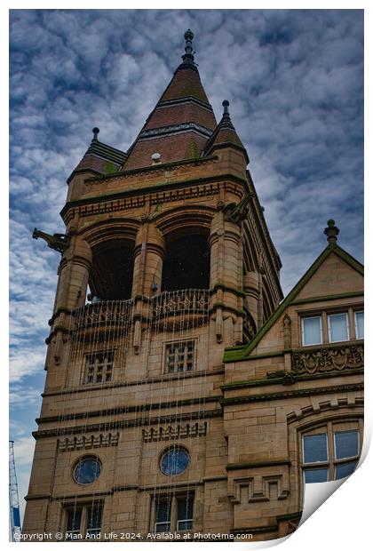 Victorian architecture with a detailed tower under a cloudy sky in Leeds, UK. Print by Man And Life