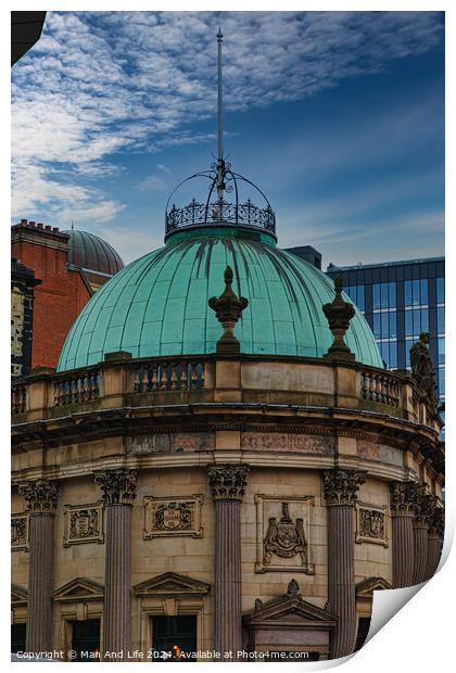 Vintage green dome of a classical building against a blue sky with modern skyscrapers in the background in Leeds, UK. Print by Man And Life