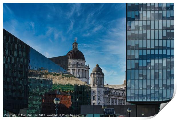 Urban contrast with old dome architecture beside modern glass building under a blue sky with wispy clouds in Liverpool, UK. Print by Man And Life
