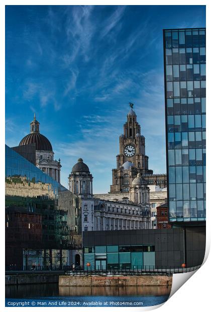 Contrast of old and new architecture with historic buildings and modern glass skyscraper against a blue sky with wispy clouds in Liverpool, UK. Print by Man And Life