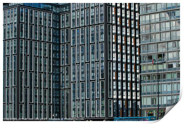 Modern glass skyscrapers with a pattern of windows, reflecting urban architecture in Liverpool, UK. Print by Man And Life