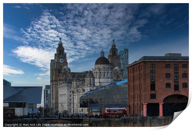 Dramatic sky over historic city buildings with modern architecture in the foreground in Liverpool, UK. Print by Man And Life
