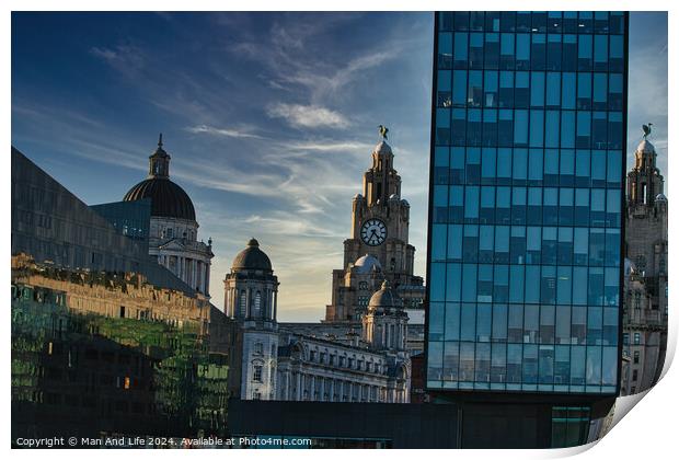 Contrast of old and new architecture with historic domes beside a modern glass skyscraper against a dusk sky in Liverpool, UK. Print by Man And Life