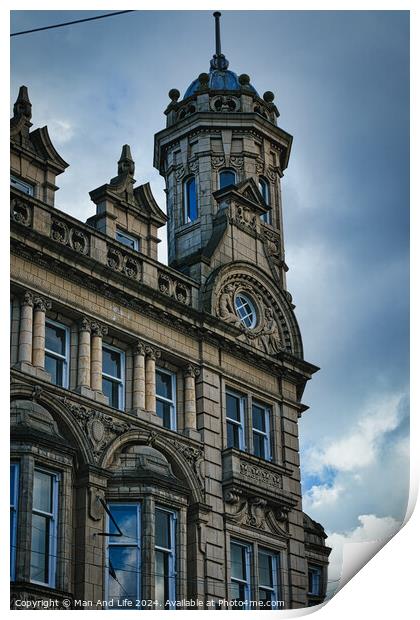 Vintage clock tower on an old European-style building against a cloudy sky in Leeds, UK. Print by Man And Life