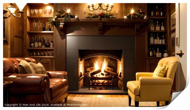 Cozy living room with a lit fireplace, leather sofas, and a wooden bookshelf filled with books and wine bottles. Print by Man And Life