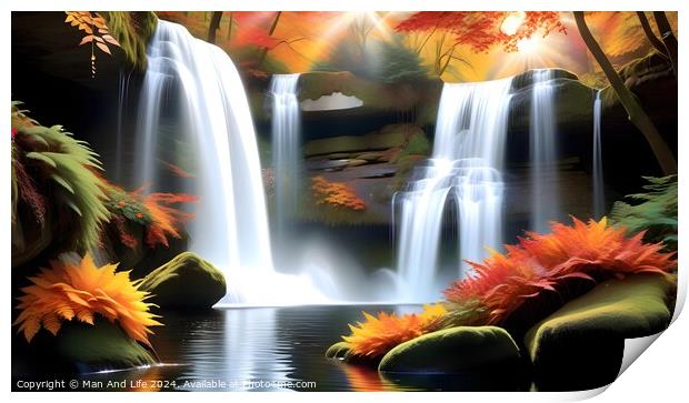 Tranquil autumn waterfall scene with vibrant foliage, flowing water, and serene pond, ideal for seasonal backgrounds or nature themes. Print by Man And Life
