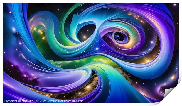 Vibrant abstract cosmic background with swirling patterns and bright colors, resembling a surreal galaxy or nebula. Print by Man And Life