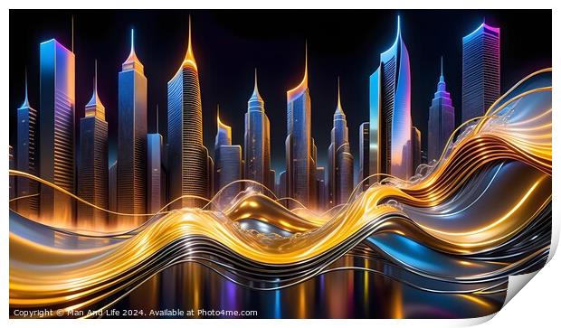 Futuristic city skyline with dynamic light trails and illuminated skyscrapers at night. Print by Man And Life