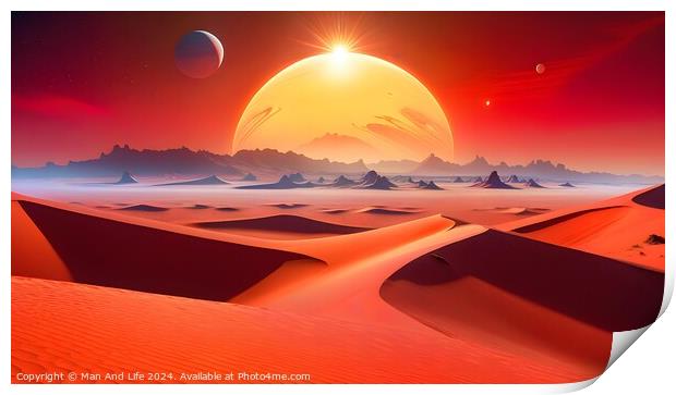Surreal alien landscape with red sand dunes under a large sun with two moons in the sky, depicting a science fiction or fantasy scene on an extraterrestrial planet. Print by Man And Life