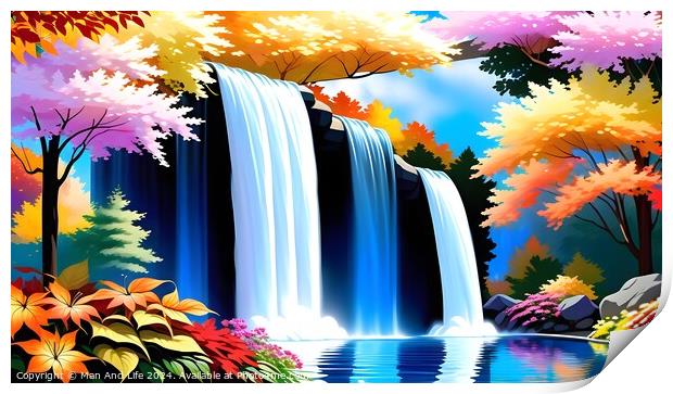 Vibrant digital artwork of a majestic waterfall with a cascade of blue water, surrounded by colorful autumn trees and foliage reflecting in a serene pond. Print by Man And Life