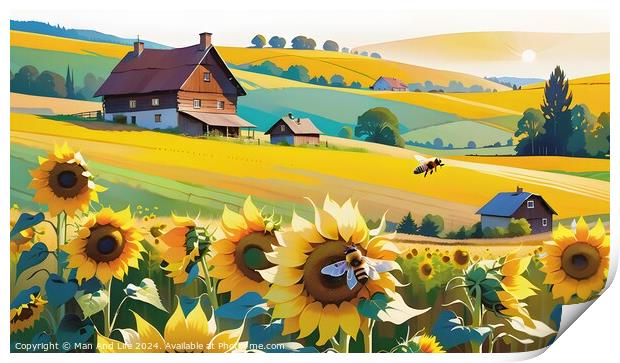 Idyllic countryside landscape with sunflowers, rolling hills, and a farmhouse, in a vibrant, stylized illustration. Print by Man And Life