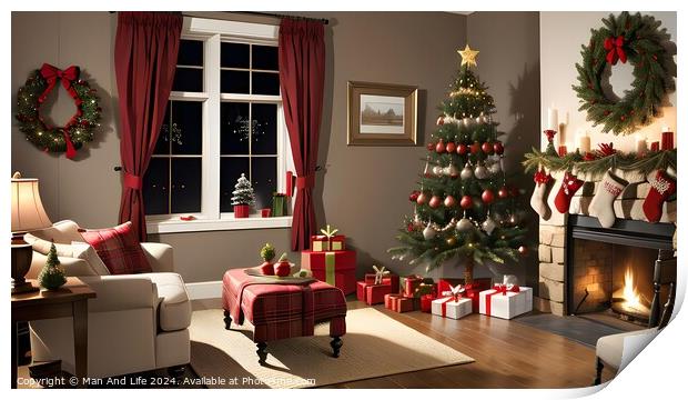 Cozy living room decorated for Christmas with tree, gifts, and fireplace. Print by Man And Life
