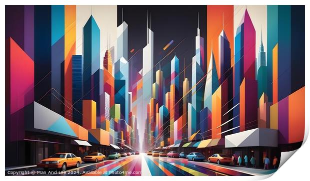 Colorful abstract cityscape with geometric buildings and bustling street life. Print by Man And Life