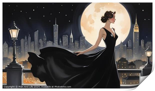 Elegant woman in vintage dress against city skyline and full moon, evoking romantic, retro atmosphere. Print by Man And Life